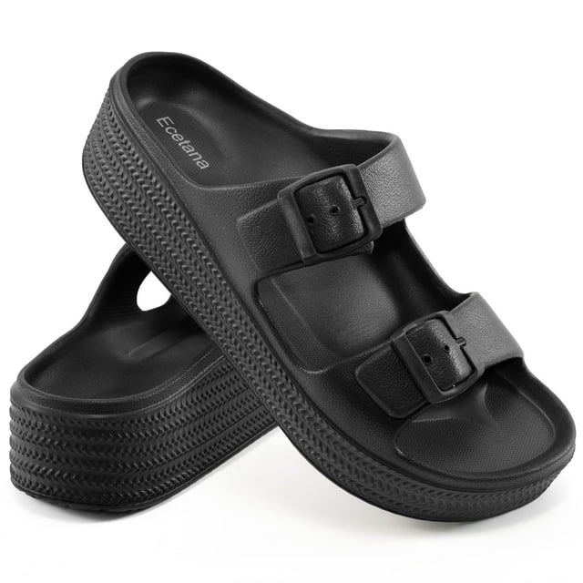 Ecetana Womens Slides Sandals Adjustable Double Buckle House Slides EVA Non-Slip Sandals