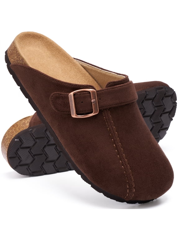 Womens Suede Clogs Comfort Slip-On Mules with Adjustable Buckle Strap Indoor Outdoor Sandals