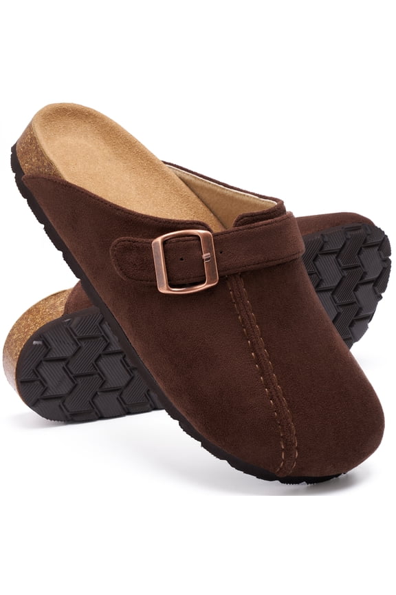 Womens Suede Clogs Comfort Slip-On Mules with Adjustable Buckle Strap Indoor Outdoor Sandals