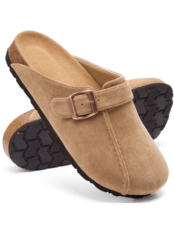 Womens Suede Clogs Comfort Slip-On Mules with Adjustable Buckle Strap Indoor Outdoor Sandals