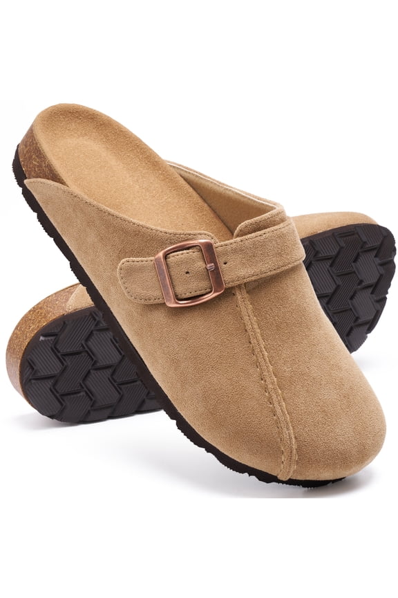 Womens Suede Clogs Comfort Slip-On Mules with Adjustable Buckle Strap Indoor Outdoor Sandals