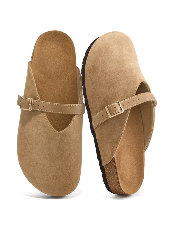 Womens Suede Mules Cork Footbed Sandals Casual Slip On Clogs with Adjustable Belt Buckle