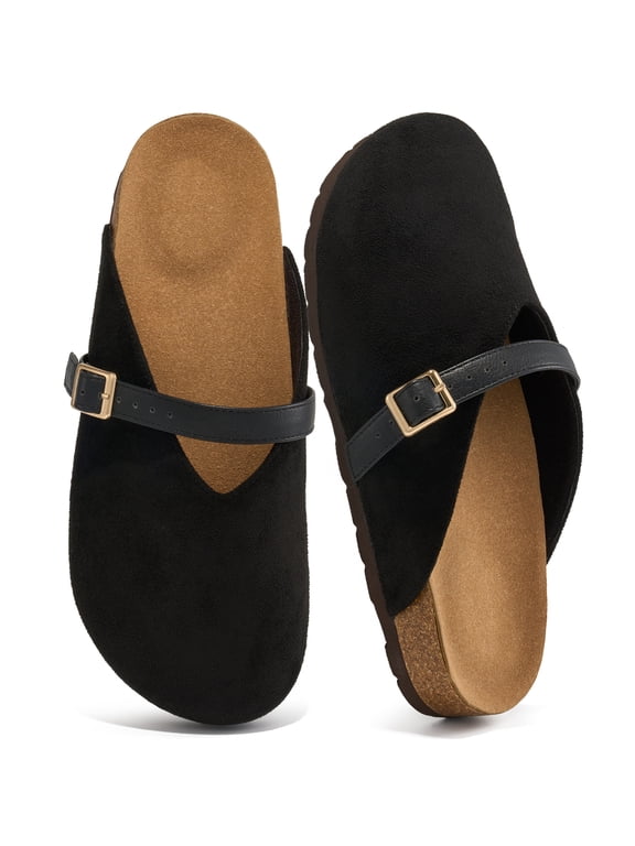 Womens Suede Mules Cork Footbed Sandals Casual Slip On Clogs with Adjustable Belt Buckle