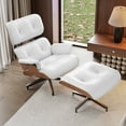 thumbnail image 1 of Echamp Mid-Century Leather Walnut Swivel Lounge Chair and Ottoman, White, 1 of 8