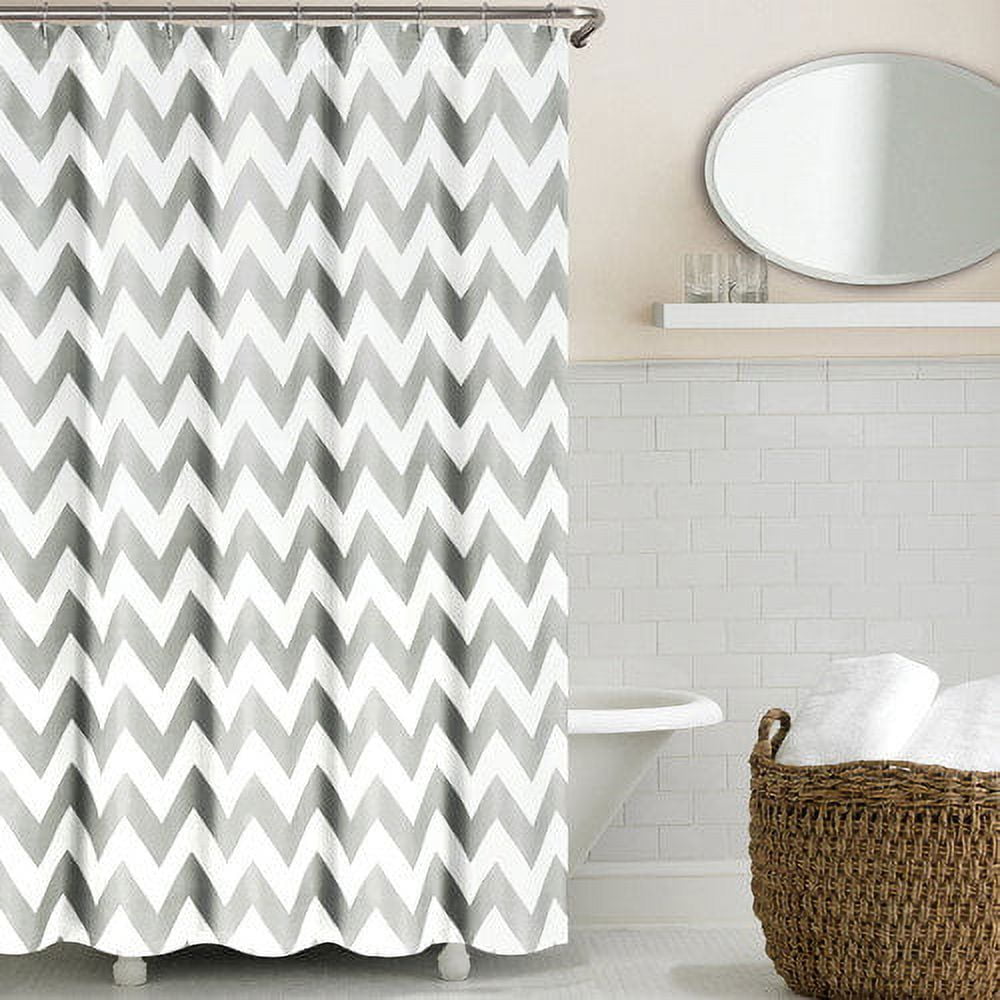 Gray and White Chevron Fabric Shower Curtain with Liner