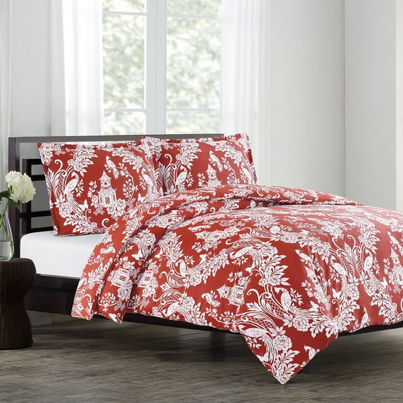 Echelon Home Pagoda Cotton Sateen 3-Piece Duvet Cover Set Fire Brick King 3 Piece Glam, Traditional