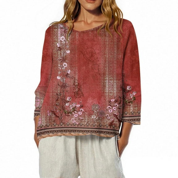 EchfiProm 3/4 Sleeve Fall Shirts for Women Red Pullover Loose Fit Crew Neck Y2k Cotton Linen Floral Blouse