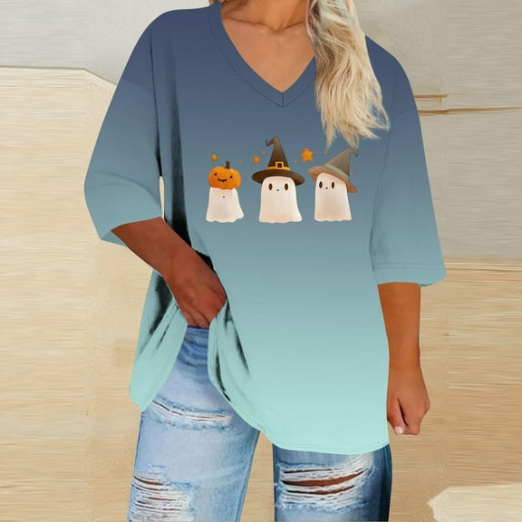 EchfiProm 3/4 Sleeve Funny Shirts for Women Plus Size Green Pullover Graphic V-Neck Y2k Loose Fit Tops