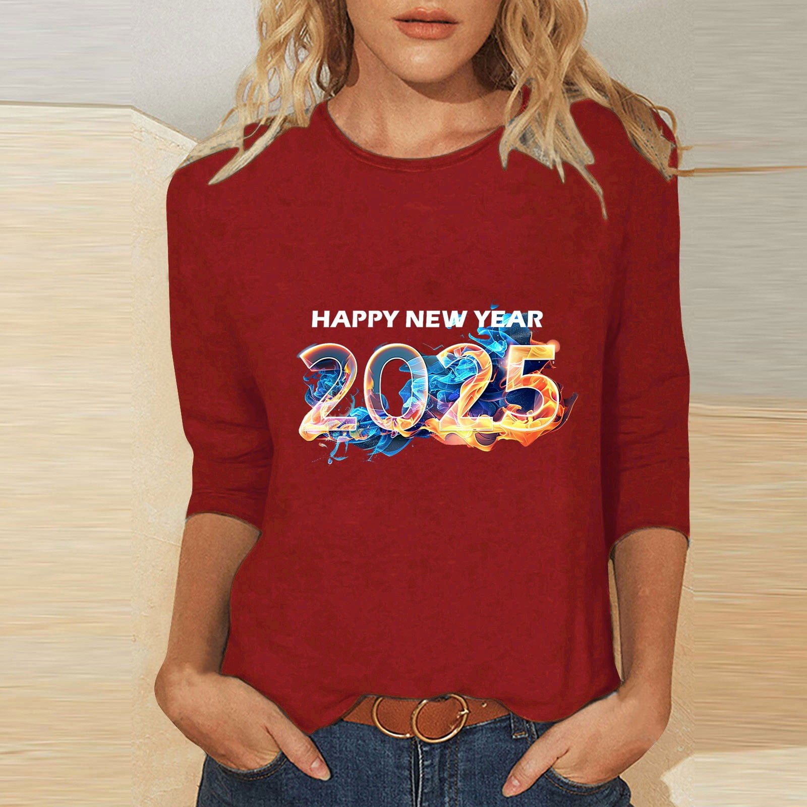 EchfiProm 3/4 Sleeve Shirts for Women Graphic Red Happy New Year 2025