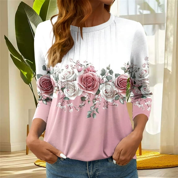 EchfiProm 3/4 Sleeve T Shirts for Women Pink Pullover Relaxed Fit Floral Crew Neck Business Casual Tops