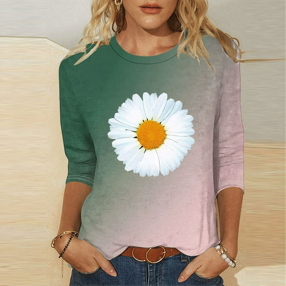 EchfiProm 3/4 Sleeve Tops for Women Army Green Casual 2024 Crew Neck Summer Dressy Basic Daisy Floral Blouses XL