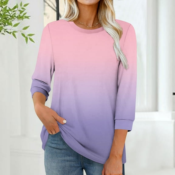EchfiProm 3/4 Sleeve Tops for Women Dressy Casual Fall T-Shirts Pink Pullover Gradient Crew Neck Ladies Loose
