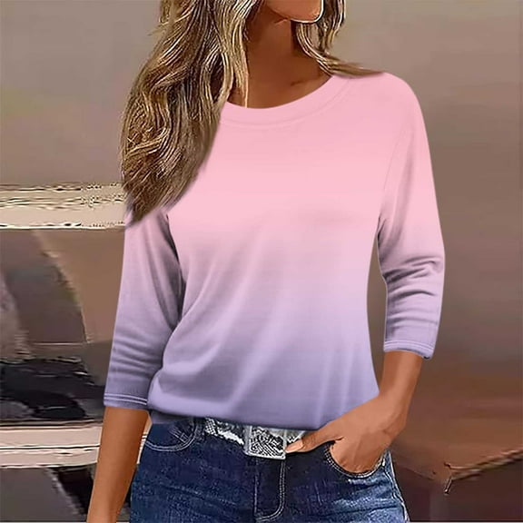 EchfiProm 3/4 Sleeve Tops for Women Pink Casual 2025 Soft Spring Crew Neck Gradient Basic Blouses S