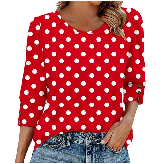 EchfiProm 3/4 Sleeve Tops for Women Red T-Shirts Crew Neck Relaxed Fit Pullover Polka Dot Ladies Winter