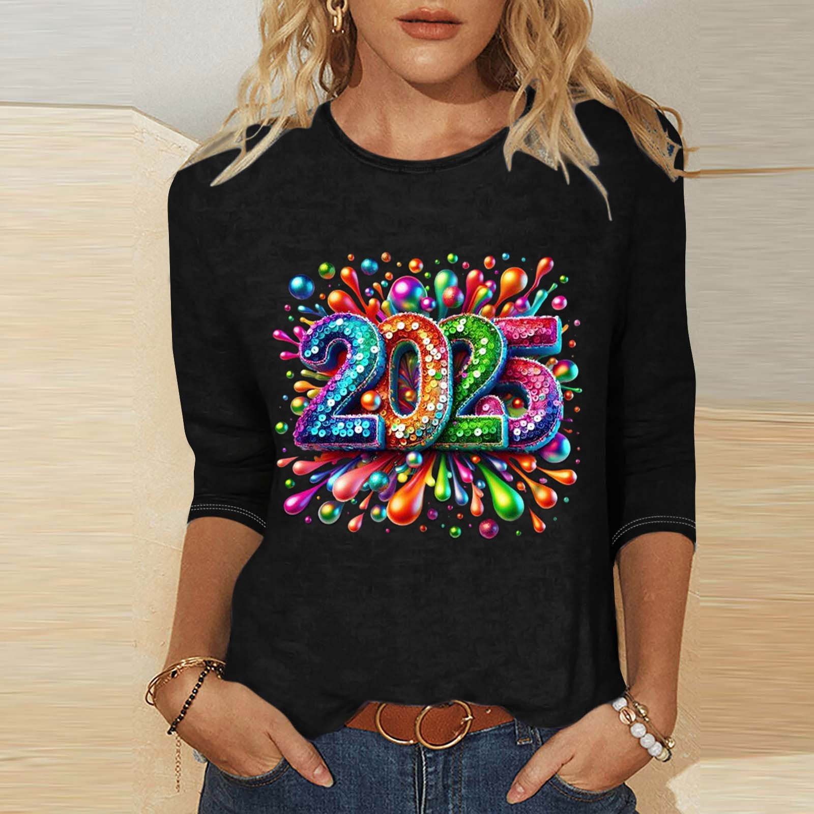 EchfiProm 3/4 Sleeve Tops for Womens Black Floral Crewneck Happy New