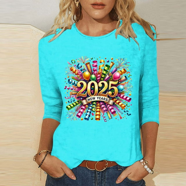 EchfiProm 3/4 Sleeve Tops for Womens Valentine Blue Christmas Crewneck