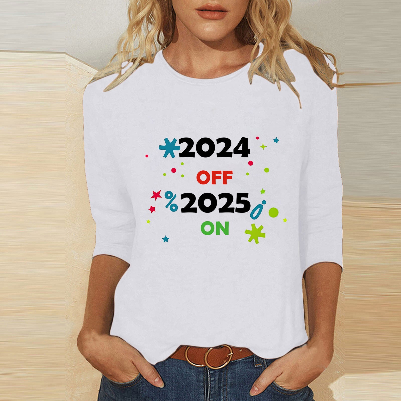 EchfiProm 3/4 Sleeve Tops for Womens White Plus Size Summer Crewneck Cute Happy New Year 2025 T