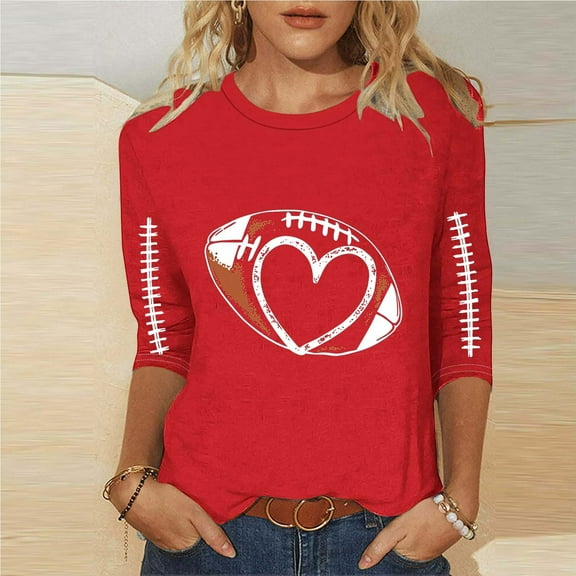 EchfiProm 3/4 Sleeve Woman Shirts Football Red Pullover Summer Crew Neck Relaxed Fit Shirts