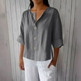 thumbnail image 1 of EchfiProm 3/4 Sleeve Womens Tops Dark Gray Trendy Work Button Cotton Linen Loose Solid V Neck Shirts, 1 of 8