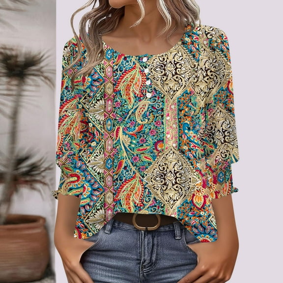 EchfiProm 3/4 Sleeve Womens Tshirts Blue Floral Pullover Loose Fit Fashion Vintage Crew Neck Shirts