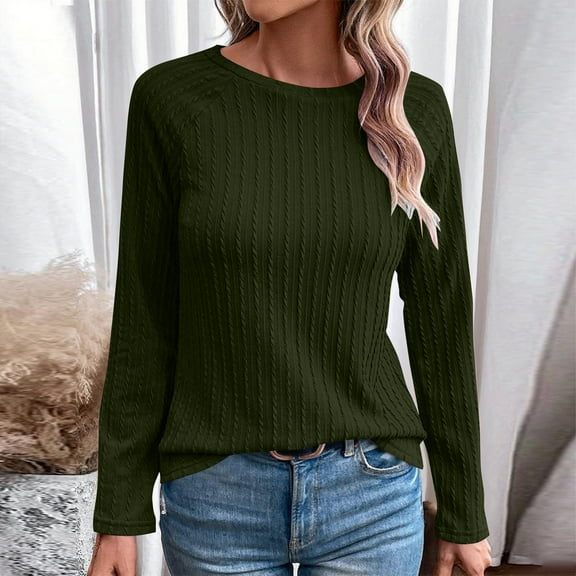 EchfiProm Army Green T-Shirts for Women Fall Crew Neck Tops Basic Relaxed Fit Pullover Plain Ladies