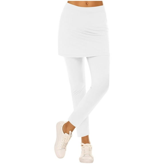 EchfiProm Athletic Leggings for Women White Full Length Workout High Waisted Faux Two-Piece Skirt Pants