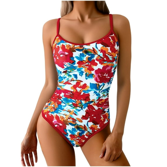 EchfiProm Bathing Suits for Women One Piece Swimwear High Cut Modest Red Floral Print Ladies Swimsuits