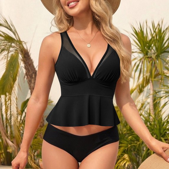 EchfiProm Bathing Suits for Women Two Piece Swimwear Tummy Control Black Tankini Ladies Swimsuits