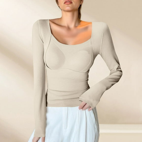 EchfiProm Beige Tops for Women Fall Ribbed Pullover Long Sleeve Plain with Built in Bra Slim Fit Womens Undershirts