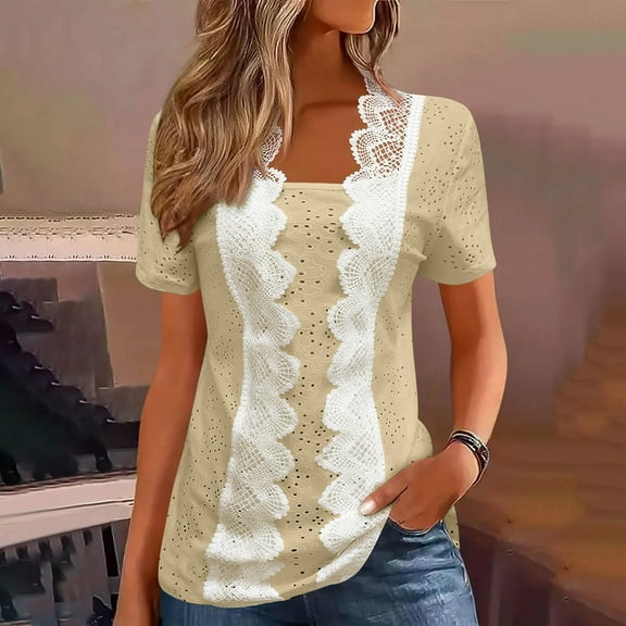 EchfiProm Beige Tops for Women Lace T-Shirts Short Sleeve Pullover Eyelet Square Neck Solid Ladies