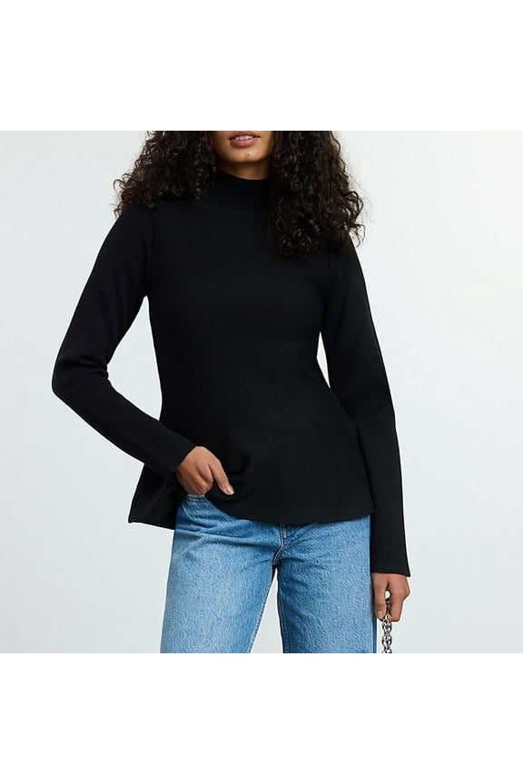 Black Sweaters for Women Lightweight Mock Neck Peplum Solid Office Long Sleeve Garter Stitch Knit Sweater Top