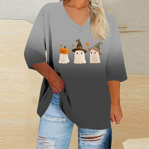 EchfiProm Black T-Shirts for Women 3/4 Sleeve Plus Size Pullover Cute V-Neck Graphic Loose Fit Shirts