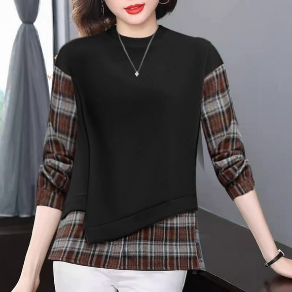 EchfiProm Black Tops for Women Long Sleeve Fall Pullover Plaid Crew Neck Loose Womens Shirts