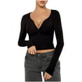 thumbnail image 1 of EchfiProm Black Tops for Women V-Neck Button down Long Sleeve Slim Winter Solid Ladies T-Shirt, 1 of 6