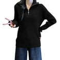 thumbnail image 1 of EchfiProm Black Women Sweaters Y2k Ribbed Pullover V Neck Long Sleeve Half Zip Solid Work Sweater Top, 1 of 3