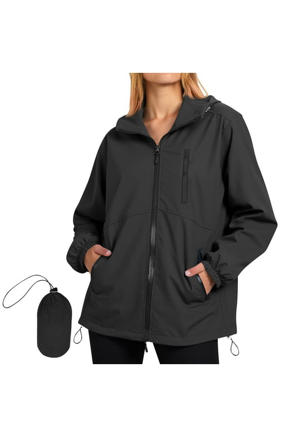 Black Women Windbreaker Jacket Lightweight Packable Streetwear Zip-up Hooded Waterproof Coat