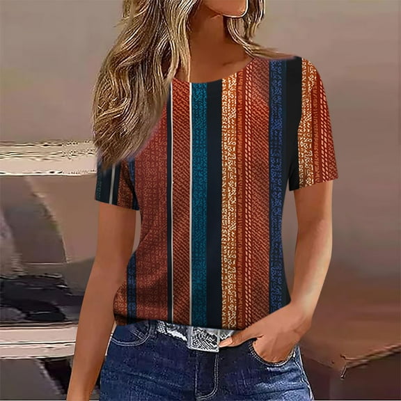 EchfiProm Blouses for Women Fashion Tunic Brown 2025 Crew Neck Dressy Graphic Short Sleeve Basic Shirts L