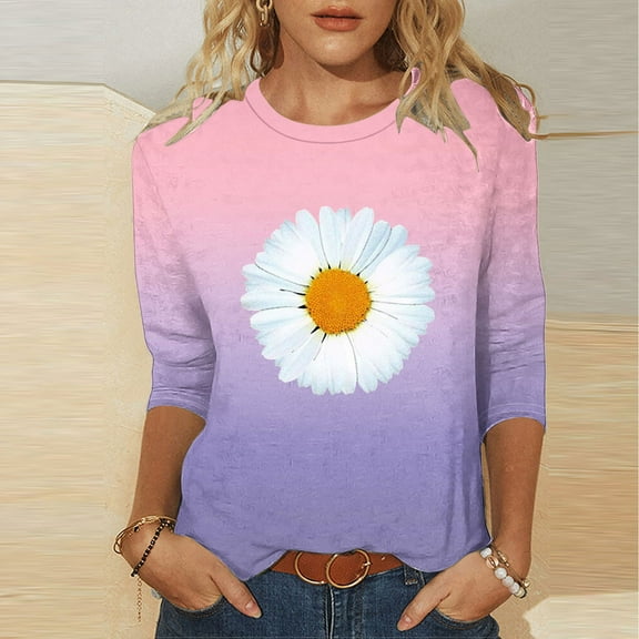 EchfiProm Blouses for Women Pink 3/4 Sleeve Trendy 2024 Breathable Crew Neck Basic Summer Daisy Floral Shirts L