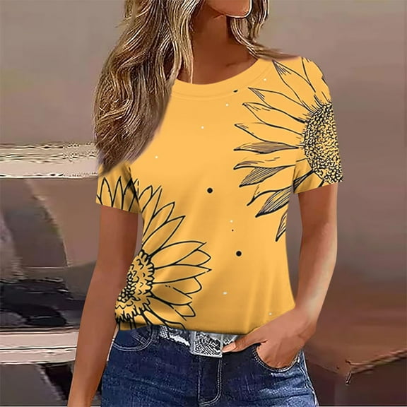 EchfiProm Blouses for Women Tunic Yellow Fashion 2025 Lightweight Short Sleeve Basic Crew Neck Sunflower Print Shirts L