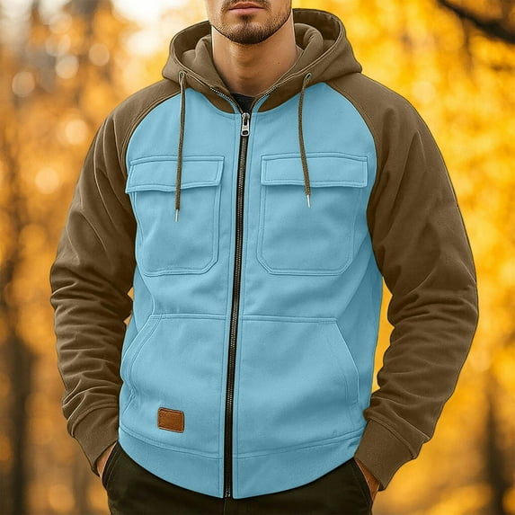 EchfiProm Blue Hoodies for Men Daily Wear Jackets Fall Colorblock Long Sleeve Sweatshirt Mens Tops Zip up XL