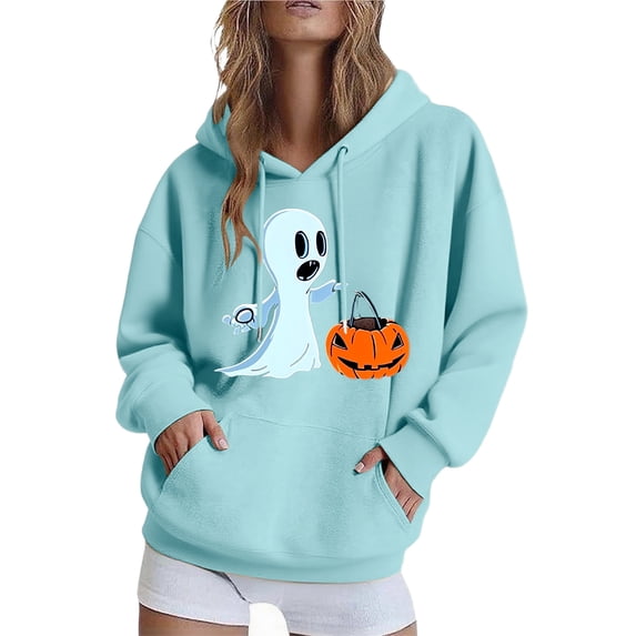 EchfiProm Blue Sweatshirts for Womens with Pocket Oversized Pullover Hooded Ghost Print Long Sleeve Soft Ladies Tops 2XL