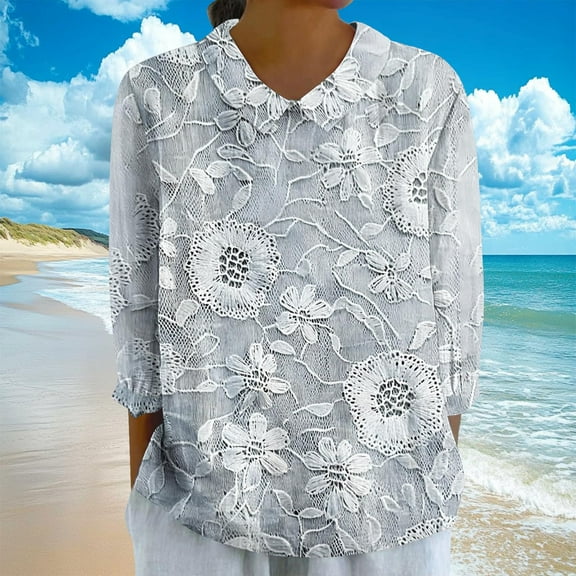 EchfiProm Blue T Shirts for Women 3/4 Sleeve V-Neck Pullover Relaxed Fit Cotton Linen Casual Embroidered Flowers Shirts