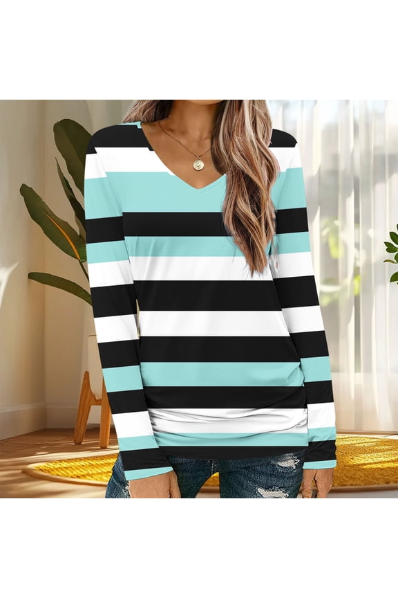 Blue Tops Women Striped Cute Fanshion Long Sleeve V Neck Classic Fit Shirts