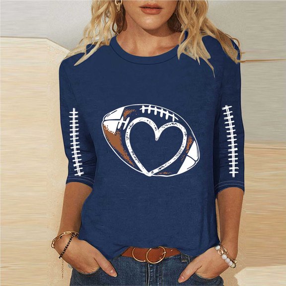 EchfiProm Blue Womens Graphic Tshirts 3/4 Sleeve Football Pullover Relaxed Fit Y2k Crew Neck Tops