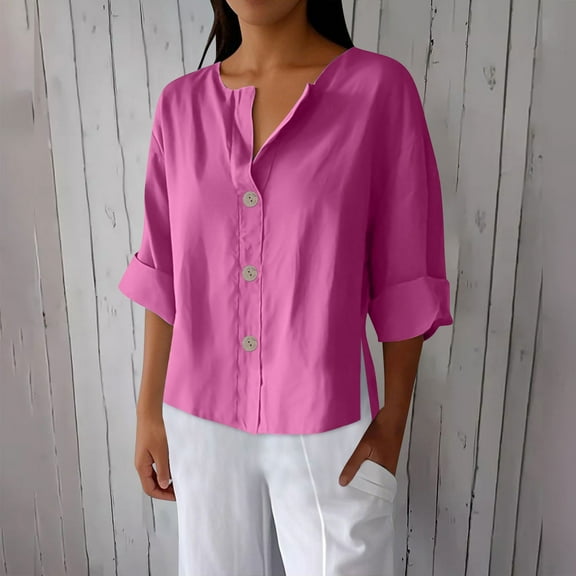 EchfiProm Boho Tops Women Pink Cotton Linen Office 3/4 Sleeve Loose Button V Neck Solid Shirts