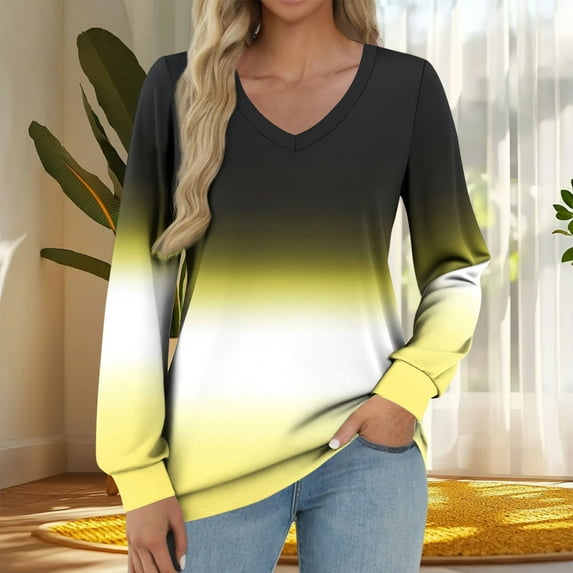 EchfiProm Boho Tops Women Yellow Office V Neck Long Sleeve Gradient Classic Fit Pullover Tops