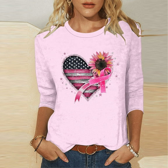 EchfiProm Breast Cancer T Shirts for Women Pink 3/4 Sleeve Pullover Loose Fit Crew Neck Casual Shirts