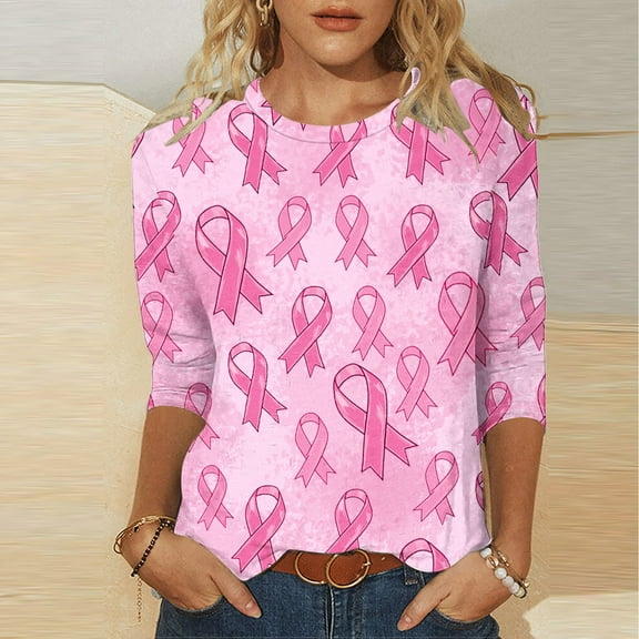 EchfiProm Breast Cancer Womens Shirts Casual 3/4 Sleeve Pink Pullover Fall Loose Fit Crew Neck Shirts