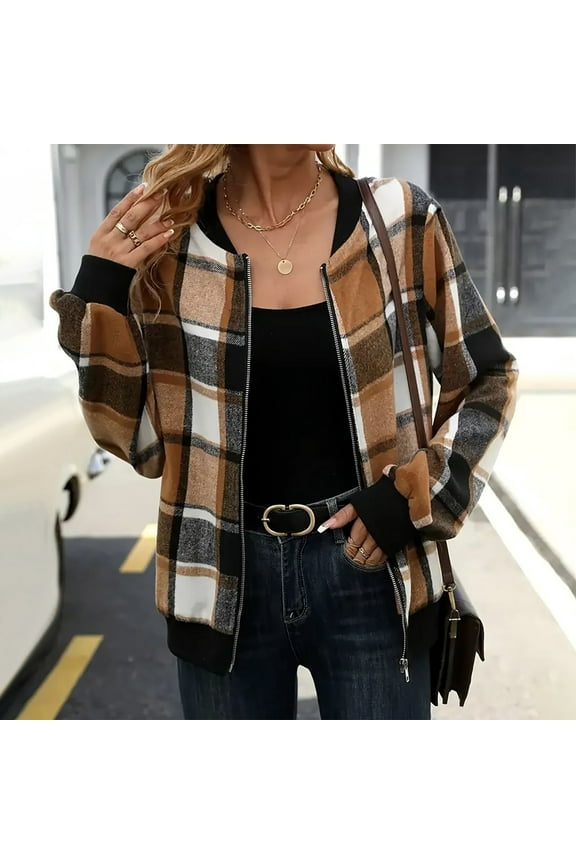Brown Fleece Jacket Women Lightweight Plaid Shacket Oversized with Pockets