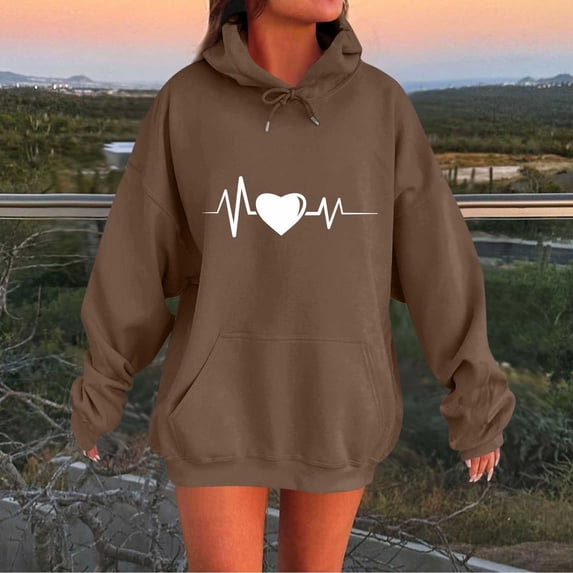 EchfiProm Brown Sweatshirt for Womens Oversized Cute Hoodies with Pockets Pullover Hooded Long Sleeve Womems Tunic Tops Graphic